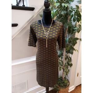 LOFT Women Navy Brown Geometric Short Sleeve Knee Length Shift Dress Size L